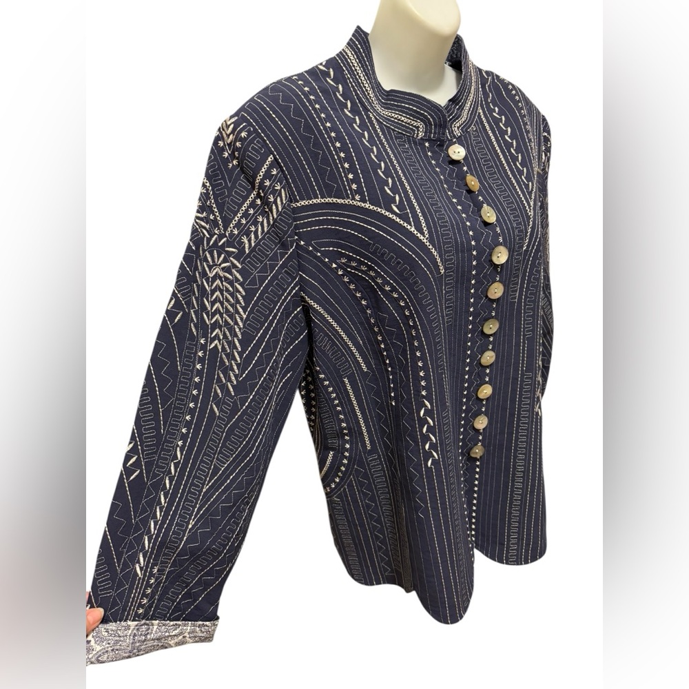 John Mark Embroidered Lined Jacket Blue Cream Sz XL Contrast Cuff Lagenlook - Picture 6 of 11